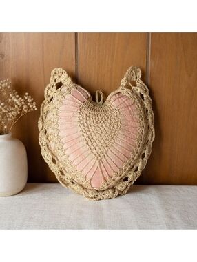 Vintage Crochet Heart Pillow Hanging Ornament 6x6 Pink Cream Cottagecore Decor